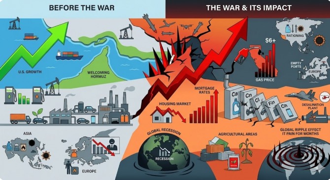 이란과의 교전으로 호르무즈 해협이 봉쇄되자 전 세계 원유 공급의 20%가 마비됐고, 이는 미국 내 휘발유 가격 폭등과 금리 인상, 공급망 붕괴라는 연쇄 반응을 일으키고 있다. 이미지=제미나이3 