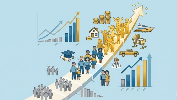 지난 50년간 미국의 중산층은 위와 아래로 분해됐고, 그 결과 소득 상위 30%에 해당하는 ‘상류 중산층’이 경제를 떠받치는 새로운 중심으로 부상했다. 이미지=제미나이3