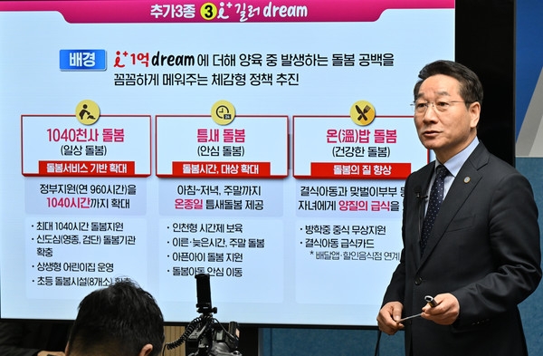지난해 유정복 인천시장이 자녀 양육 중 발생하는 돌봄 공백을 해소하고 양육 가정의 경제적·시간적 부담을 덜기 위한 ‘아이플러스 길러드림 1040천사 돌봄’ 사업에 대한 기자회견에서 브리핑을 하고 있다.  사진=김양훈 기자