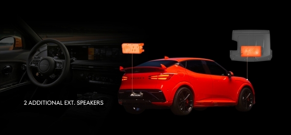 e-액티브 사운드 디자인 플러스(e-ASD+)는 GV60 마그마의 전면과 후면에 있는 두 개의 외부 스피커를 통해 엔진 소리를 시뮬레이션한다. 사진=제네시스