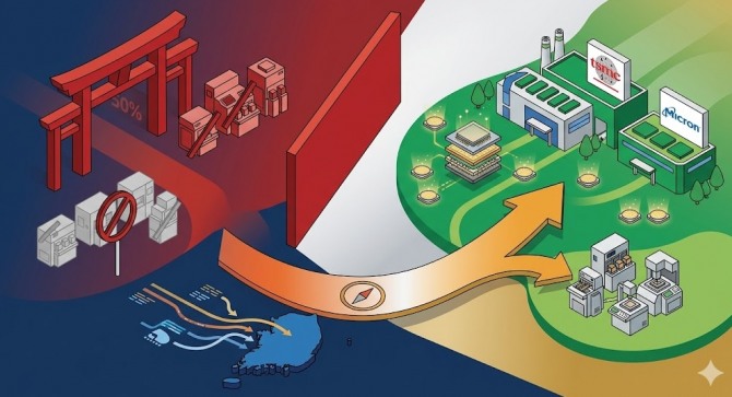 미국의 대중 제재 사이에서 틈새시장을 공략해 온 한국 기업들은 이제 '차이나 리스크'를 피해 세계 최대 파운드리 기지인 대만으로 전략적 요충지를 옮기며 생존 돌파구를 마련하고 있다. 이미지=제미나이3