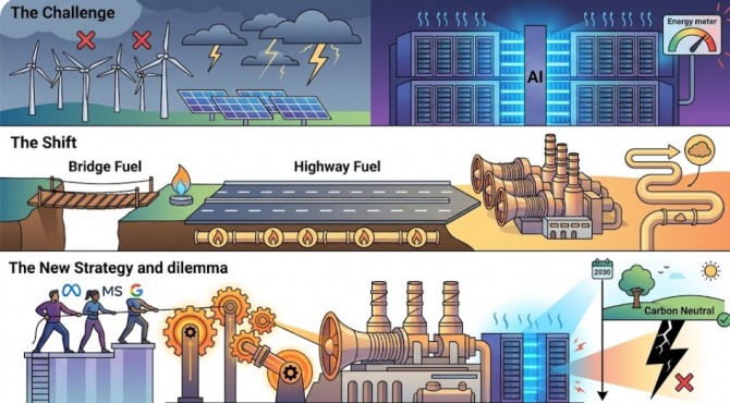 글로벌 빅테크 기업들이 인공지능(AI) 데이터센터 구동을 위한 전력 확보를 위해 천연가스 발전으로 급선회하고 있다. 그간 ‘탈탄소’를 외치던 메타, 마이크로소프트(MS), 구글 등이 전력 수급의 현실적 한계에 부딪히자 직접 발전소 건설에 자금을 투입하는 실용주의 노선을 택한 것이다. 이미지=제미나이3