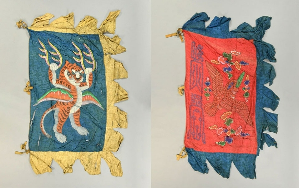 라이엇게임즈가 미국 펜실베니아 대학교에서 보관중인 조선 의장기 5점의 보존 처리를 지원한다. 의장기 중 호기(왼쪽)와 주작기의 모습. 사진=라이엇게임즈