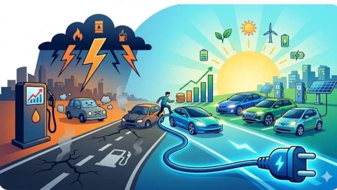 중동발 지정학적 리스크가 글로벌 에너지 시장을 뒤흔들며 자동차 산업의 판도를 통째로 바꾸고 있다. 과거의 에너지 위기가 단순히 고효율 차량에 대한 관심을 불러일으켰다면, 2026년 현재의 '에너지 쇼크'는 전기차(EV)를 실험적 대안에서 시장의 주류이자 필수적인 경제적 방어 수단으로 완전히 안착시키는 모양새다. 이미지=제미나이3