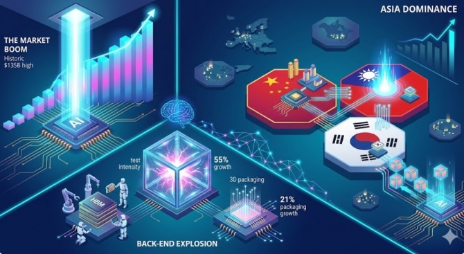인공지능(AI) 반도체 생태계의 판도가 하드웨어 제조를 넘어 '장비 전쟁'으로 옮겨붙었다. AI 연산의 핵심인 고대역폭메모리(HBM)와 첨단 로직 반도체 수요가 폭발하며 전 세계 반도체 장비 시장이 사상 처음으로 1351억 달러를 돌파했다. 이미지=제미나이3