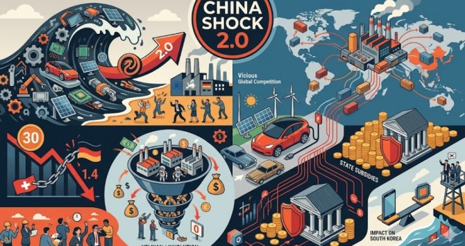 중국발 첨단 제조업 공세가 한국 수출 산업의 허리를 겨누고 있다. 전기차, 배터리, 태양광, 풍력, 로봇 등 한국이 차세대 먹거리로 키우는 분야에서 중국 기업이 가격과 규모를 앞세워 세계시장을 빠르게 잠식하는 양상이다. 이미지=제미나이3