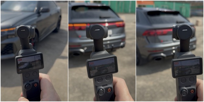 dji 포켓 4 사용자가 차량 동영상을 찍고 있다. 사진=육동윤 글로벌이코노믹 기자