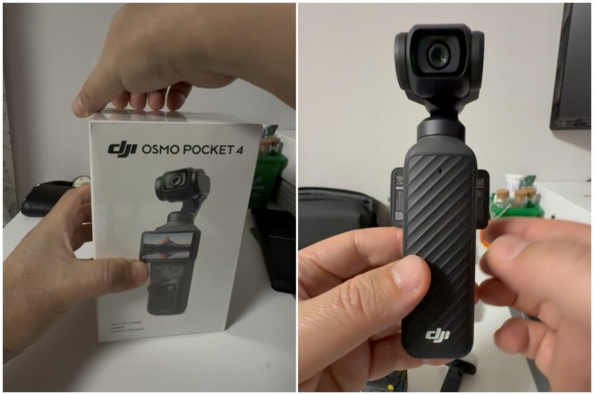 DJI 오즈모 포켓 4 박스를 개봉하고 있다(왼쪽), DJI 오즈모 포켓 4 뒷모습(오른쪽) 사진=육동윤 글로벌이코노믹 기자