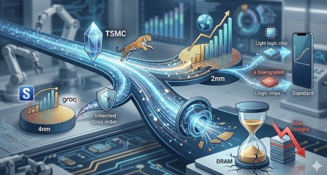 삼성전자가 공들여 쌓아온 인공지능(AI) 추론용 반도체 '그록(Groq)' 파트너십에 비상이 걸렸다. 엔비디아가 인수한 그록의 차세대 물량을 TSMC가 가로채려는 움직임이 포착되면서, 삼성 파운드리의 북미 거점인 테일러 공장의 가동 전략과 AI 반도체 점유율 확대 계획에 차질이 불가피할 전망이다. 이미지=제미나이3