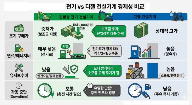 전기vs디젤 건설기계 경제성비교 인포그래픽.  자료= AI생성 및 자체편집