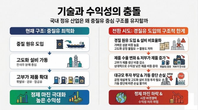 중동 원유에서 벗어나기 어려운 이유를 구조적으로 정리한 인포그래픽. 기술과 수익성이 충돌하며 다변화를 가로막는 현실을 보여준다. 자료=AI생성 및 자체편집