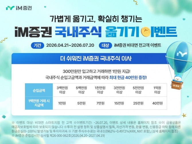 iM증권은 7월 20일까지 비대면(스마트지점) 국내 주식 입고 이벤트를 진행한다고 21일 밝혔다. 사진=iM증권