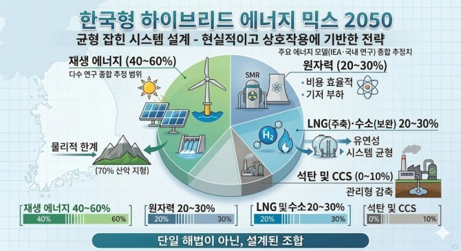 한국형 에너지 믹스는 재생에너지·원자력·LNG·수소를 결합한 ‘하이브리드 구조’로 수렴하고 있으며, 단일 전원이 아닌 상호보완적 설계가 핵심으로 제시된다. 자료= AI생성 및 자체편집