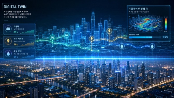 현실 도시의 교통·에너지·수질 데이터를 실시간으로 반영한 ‘디지털 트윈’ 기반 가상 도시로, 재난 상황과 정책 변화를 사전에 시뮬레이션해 대응 전략을 도출하는 도시 운영 모델을 보여준다. 자료=AI 생성