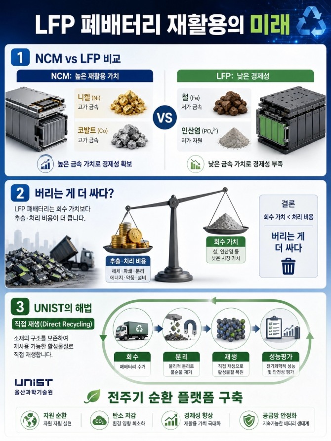NCM과 LFP 배터리 재활용 구조 차이 및 LFP 폐배터리의 경제성 한계를 도식화한 이미지. UNIST는 직접 재생 기반 전주기 순환 플랫폼 구축에 나설 계획이다. 자료= AI생성 및 자체편집
