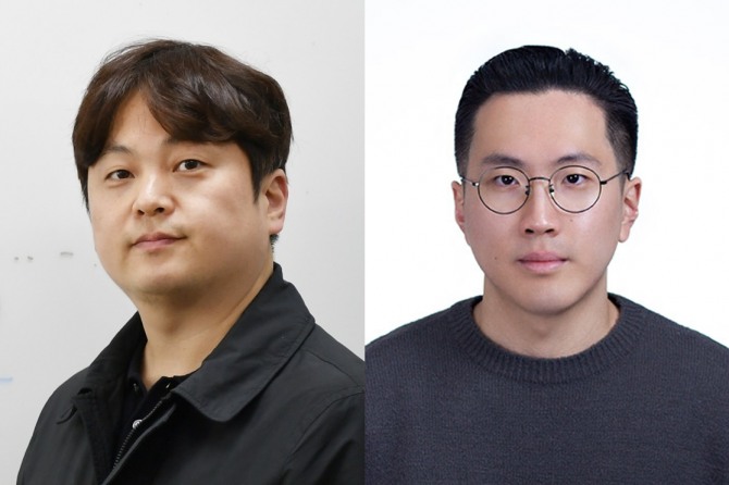 UNIST 기계공학과 정임두 교수(왼쪽)와 제1저자인 전홍령 연구원. 연구팀은 액체 방울 내부에서 초소형 구조물을 연속 생산할 수 있는 초고속 마이크로 3D프린팅 기술을 개발했다. 사진= UNIST 대외협력팀
