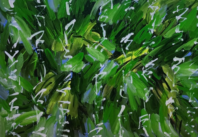 소리를 보다, Oil on canvas. 2026. 초록의 깊이를 더한 화면 위에  바람대신 소리를 그리다. 소리는 기도이고 주문이고 그 공간에 영원히 머물기도하고 계속 확장되기도 한다.