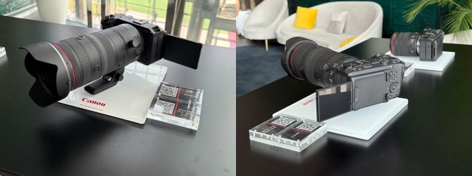 ‘RF24-105mm F2.8 L IS USM Z’ 렌즈를 장착한 영상 특화 풀프레임 미러리스 카메라 ‘EOS R6 V’ 전면과 후면. 사진=이지현 기자