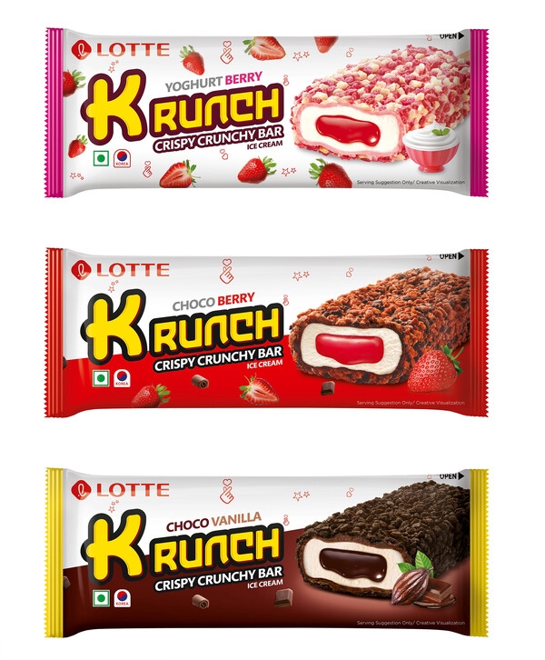 롯데웰푸드 ‘크런치(Krunch)’ 3종. 롯데웰푸드는 인도 시장에서 ‘돼지바’를 현지 문화에 맞춰 ‘크런치바’로 바꿔 판매하고 있다. 사진=롯데웰푸드