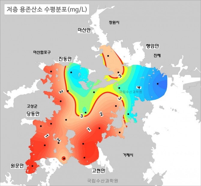 2025년 8월 진해만 일대 저층 용존산소 분포도. 붉은색으로 표시된 해역은 산소 농도가 낮은 빈산소수괴(산소부족 물덩어리) 구간이다. 여름철 고수온이 지속되면 바닷속 산소 공급이 줄어들면서 저산소 환경이 형성될 수 있다. 자료=국립수산과학원