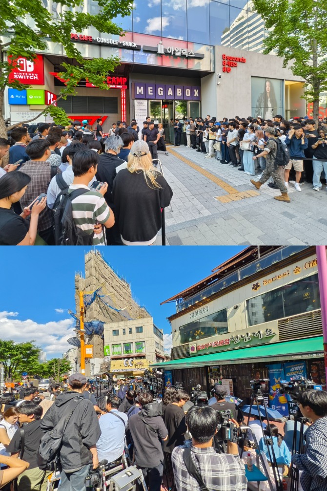 젠슨황 엔비디아 CEO가 5일 방문한 서울 마포구 홍대입구에 위치한 T1베이스캠프와 삼겹살집에 운집한 구름 인파. 사진=장용석 기자