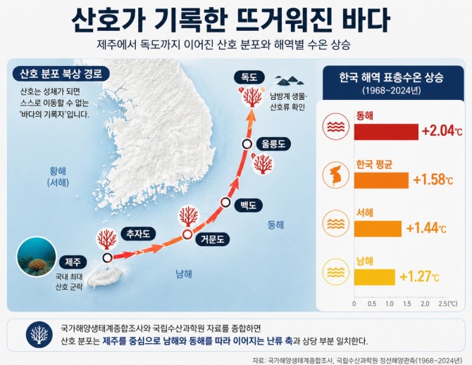 국가해양생태계종합조사와 국립수산과학원 자료를 바탕으로 정리한 국내 주요 산호 분포 해역과 해역별 표층수온 상승 현황. 산호 분포는 제주를 중심으로 남해와 동해를 따라 이어지는 난류 축과 상당 부분 일치하는 것으로 나타난다. 자료=국립수산과학원·해양환경공단/인포그래픽=AI 생성 및 자체 편집