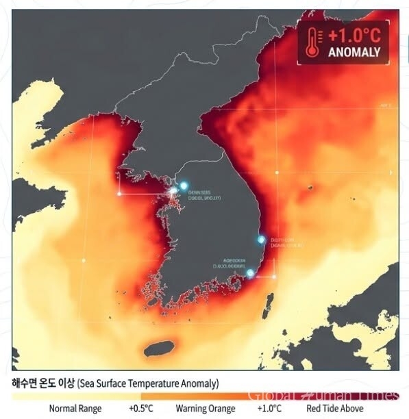 올여름 한반도 주변 해역의 해수면 온도 이상 예측 지도. 국립수산과학원은 동해와 남해, 서해 일부 해역에서 평년보다 높은 수온이 나타날 가능성을 제시했다. 해수면 온도 이상은 고수온 피해와 어장 이동, 양식장 관리 위험을 가늠하는 주요 지표로 활용된다. 자료=국립수산과학원/글로벌휴먼타임즈