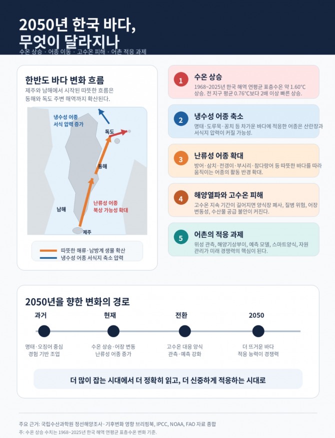 2050년 한국 바다 변화 전망. 국립수산과학원 장기 수온 관측자료와 IPCC(기후변화에 관한 정부간 협의체), NOAA(미국 해양대기청), FAO(유엔식량농업기구) 자료를 종합하면 한반도 해역은 수온 상승과 해양열파, 냉수성 어종 축소, 난류성 어종 확대, 양식업 고수온 대응이라는 복합 변화에 직면할 가능성이 크다. 자료=AI생성