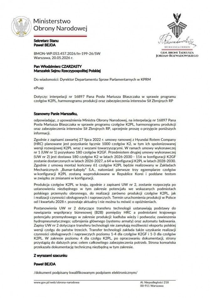 폴란드 국방부가 마리우시 블라슈차크 전 장관의 대정부 질문에 답변하기 위해 의회(Sejm)에 제출한 공식 답변서(Interpelacja nr 16897) 사본. 정부는 한국 현대로템과의 계약에 따라 총 1000대의 K2 흑표 전차 기단 확보 기조를 명확히 재확인했다. 사진=폴란드 세임(Sejm)