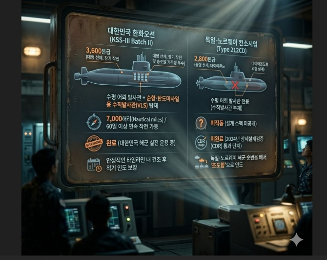 한화오션과 TKMS의 잠수함 비교. 인포그래픽=제미나이.