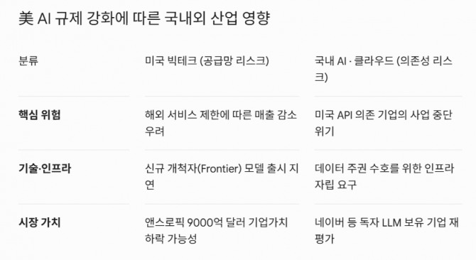 美 AI 규제 강화에 따른 국내외 산업 영향. 도표=글로벌이코노믹