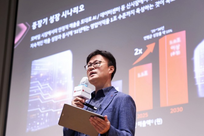 조지태 LG이노텍 패키지솔루션사업부장(전무)이 16일 서울 마곡에서 개최된 미디어 테크 데이에서 LG이노텍의 향후 계획을 발표하고 있다. 사진=LG이노텍