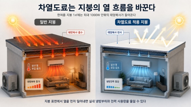 일반 지붕과 차열도료 적용 지붕의 열 흐름을 비교한 그래픽. 차열도료는 태양복사를 반사해 실내 열 유입과 냉방부하를 줄이는 원리로, 냉방 전력 사용량 절감 효과를 기대할 수 있다. 그래픽=AI생성