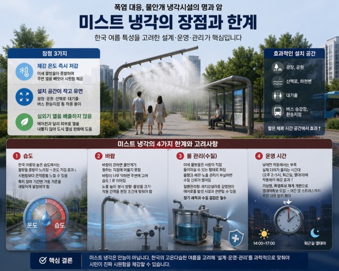 미스트 냉각시설은 미세 물방울이 증발하며 주변 열을 빼앗는 방식으로 체감온도를 낮춘다. 다만 한국처럼 고온다습한 여름에는 습도, 바람, 수질 관리, 작동 시간에 따라 효과가 달라질 수 있다. 사진=AI생성