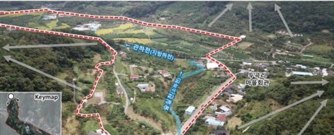 청도 자연드림파크 일반산업단지 예정지. 붉은 점선 안 29만2천844㎡가 사업구역으로, 청도군 매전면 덕산리·두곡리 일원에 걸쳐 있다. 자료=청도군