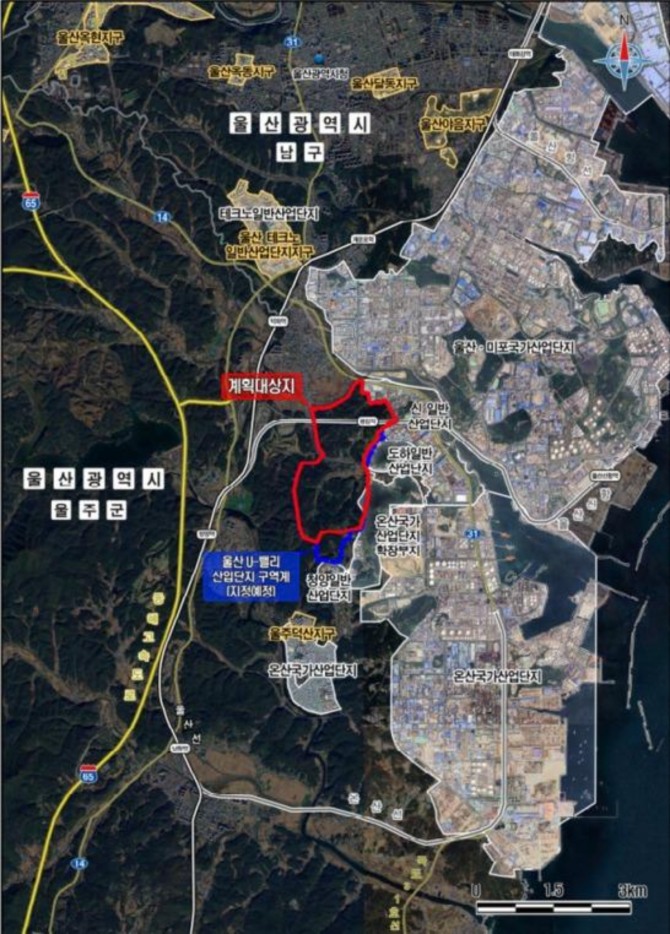 울산 제5차 산업입지 수급계획에 반영된 주요 신규 산업단지 예정지. 왼쪽부터 성안·약사 산업단지, U-밸리 산업단지, 수소 융·복합밸리다. 513만6,000㎡는 2035년까지 공급할 산업시설용지 계획면적으로, 각 산업단지의 전체 사업면적을 단순히 합한 수치와는 다르다. 자료=울산시·울산도시공사