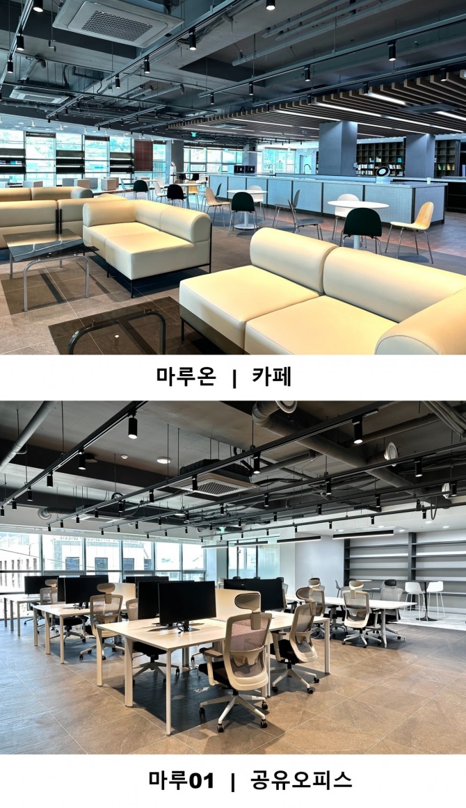청도상상마루 2층에 마련된 카페 ‘마루온’과 공유오피스 ‘마루01’. 청년몰과 상가로 계획했던 공간을 휴식과 업무 공간으로 바꿨다. 사진=청도혁신센터