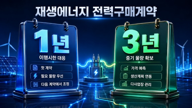 재생에너지 전력구매계약의 1년 상품은 이행시한 대응과 구매물량 조정에, 3년 상품은 가격 예측과 중기 생산계획 관리에 초점을 맞췄다. 그래픽=AI생성