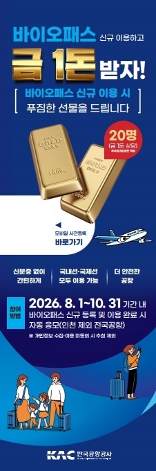 한국공항공사가 오는 8월 1일부터 10월 31일까지 3개월 동안 바이오패스를 신규로 등록하고 공항을 이용하는 고객을 상대로 경품 행사를 진행한다. 사진=공항공사