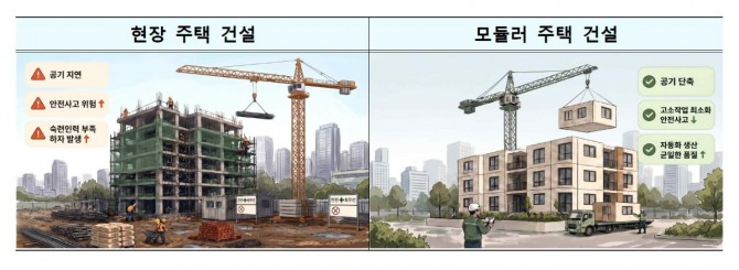 모듈러 주택과 현장 주택 건설 비교. 출처=국토교통부