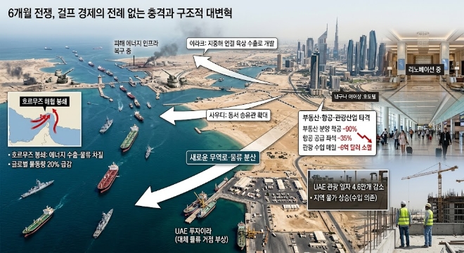 이란 전쟁 장기화로 호르무즈 해협의 봉쇄가 이어지면서 걸프 지역의 에너지 수출과 물류망 재편이 본격화하고 있다. 이미지=제미나이 생성