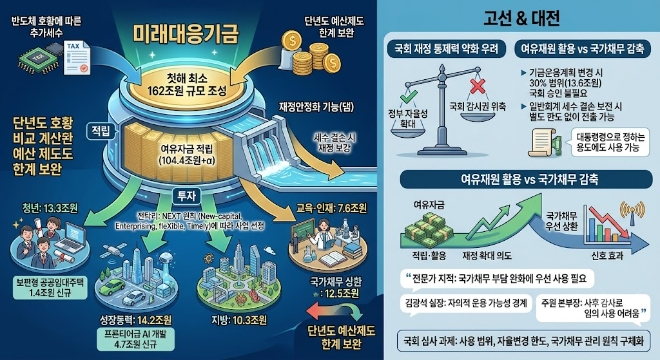 정부가 반도체 호황에 따른 추가세수를 활용해 162조3000억원 규모의 미래대응기금을 조성하고 청년·성장동력·지방·교육·인재 분야 등에 45조4000억원을 투입할 계획이다. 이미지=제미나이 생성