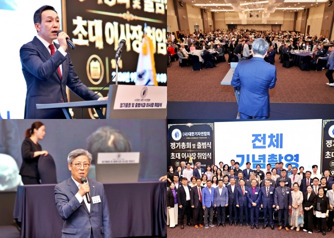 김민수 국민의힘 최고위원과 박선홍 더인천 대표 등이 축하 인사를 통해 언론의 참역할을 강조했다.아래는 단체 촬영하는 축하객들.사진=김양훈 기자