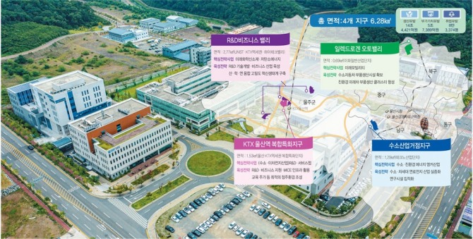 울산경제자유구역 4개 지구 현황. 수소산업거점지구와 일렉드로겐오토밸리, R&D비즈니스밸리, KTX 울산역 복합특화지구 등 총 6.28㎢로 구성돼 있다. 사진=울산경제자유구역청