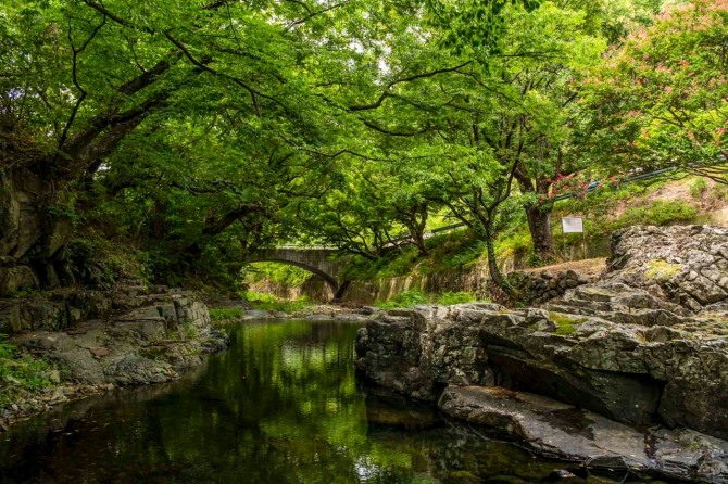 영천 화북면 횡계구곡의 계곡 풍경. 보현산에서 흘러내린 물길을 따라 바위와 숲, 마을길이 이어진다. 사진=영천시 공식 블로그