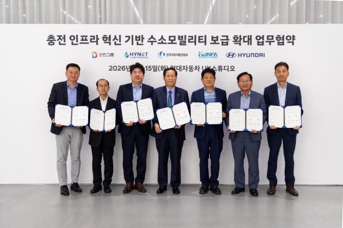 (왼쪽부터) 현대차 비즈니스이노베이션실장 박승원 상무, 한국자동차환경협회 황계영 회장, 하이넷 송성호 대표이사, 선진그룹 신재호 회장, 선진그룹 박홍제 부회장, 한국천연가스수소충전협회 강정구 협회장, 현대차 인천지역본부장 김련우 상무가 기념 촬영을 하는 모습. 사진=현대자동차