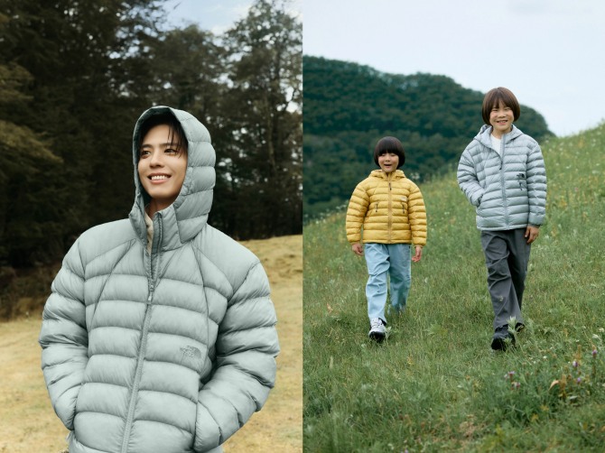 노스페이스 홍보대사 박보검(왼쪽)과 신우·이준이 각각 ‘알토르 온볼 패딩 자켓’과 ‘키즈 벤투스 온볼 패딩 자켓’을 착용하고 있다. 사진=영원아웃도어