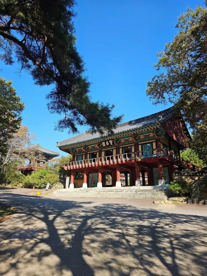 은해사 보화루 전경. 300년 송림이 이어지는 금포정길 끝에서 만나는 누각으로, 이곳부터 은해사 경내가 본격적으로 이어진다. 사진=영천시 공식 블로그