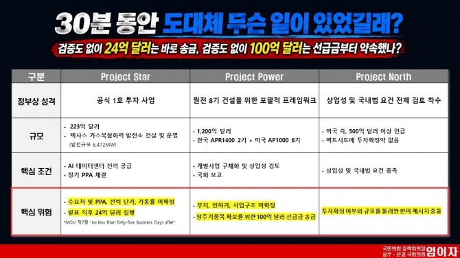 대미 전략투자 3개 사업의 추진 조건과 핵심 위험을 정리한 자료. 사진=임이자 의원실