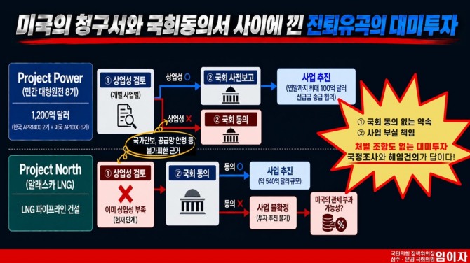 미국 원전·알래스카 LNG 사업의 국회 동의 절차와 투자 위험을 정리한 자료. 사진=임이자 의원실